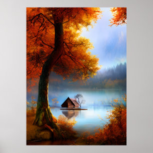 Affiche L'automne classique une hutte un lac arbres cramso