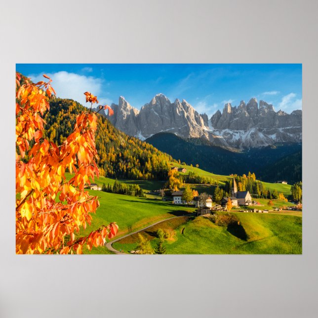 Affiche L'automne dans un paysage des Dolomites avec églis (Devant)