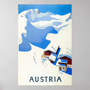 Affiche L'Autriche, ski, cottage en montagnes l'hiver