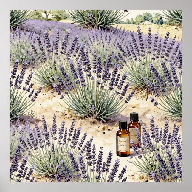 Affiche Lavender Field Essential Oil Watercolor Pattern (Devant)
