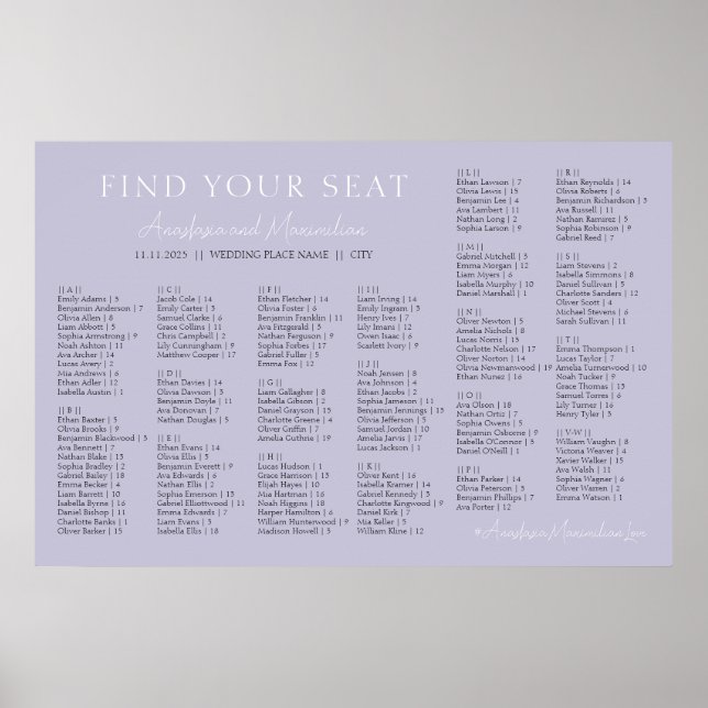 Affiche Lavender Lilac Wedding Alphabetical Seating Chart (Devant)