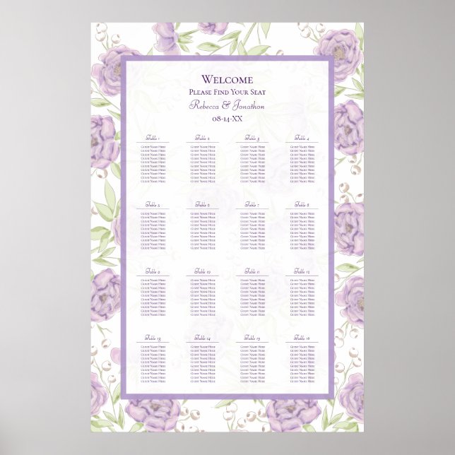 Affiche Lavender Purple Rose Wedding Seating Chart (Devant)