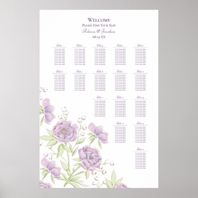 Affiche Lavender Purple Rose Wedding Seating Chart (Devant)