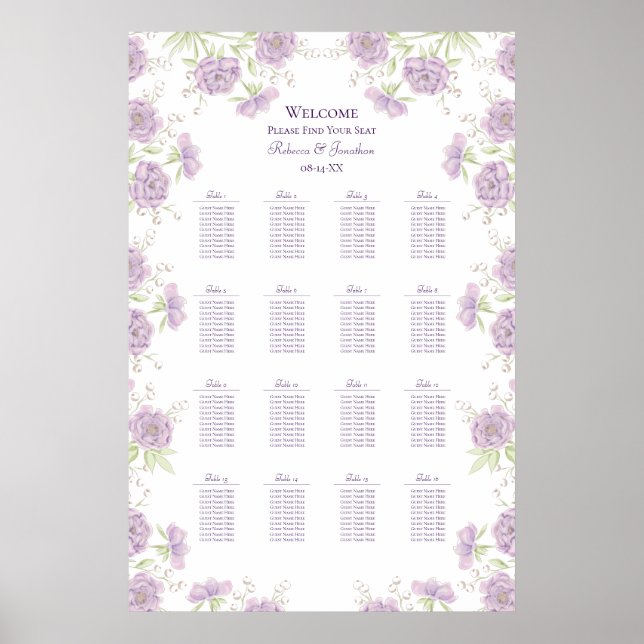 Affiche Lavender Purple Rose Wedding Seating Chart (Devant)