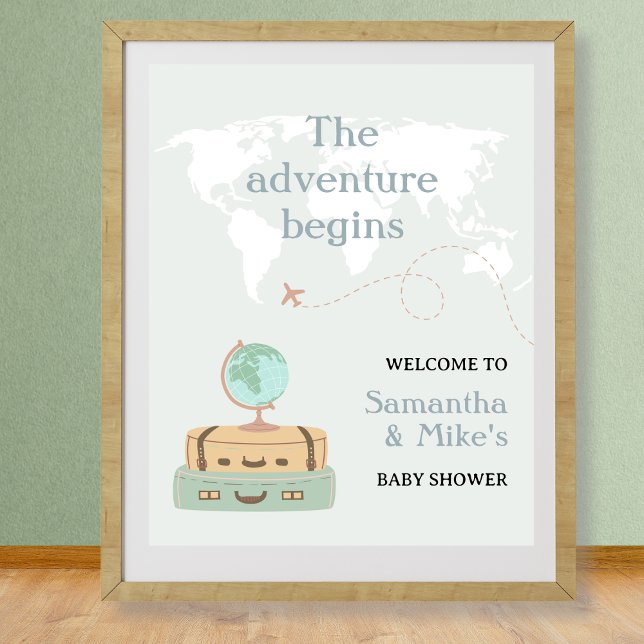 Affiche L'aventure commence World Map Baby shower Bienvenu (Adventure Begins World Map Baby Shower Welcome Poster)