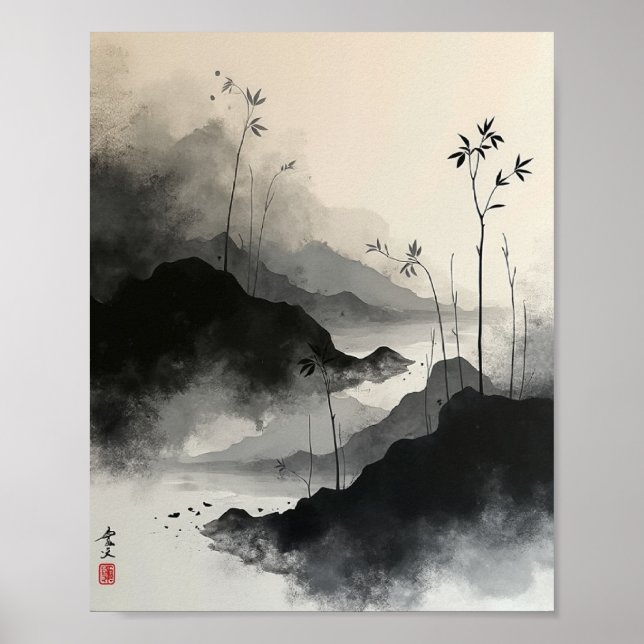 Affiche Laver l'encre Abstraite murale avec des traits Sum (Devant)
