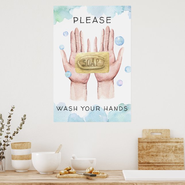 Affiche Lavez Vos Mains | Illustration Aquarelle (Cuisine)