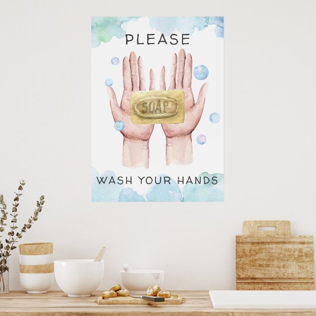 Affiche Lavez Vos Mains | Illustration Aquarelle (Cuisine)
