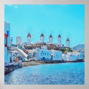 Affiche ldp MYKONOS - vue de la mer des moulins à vent -
