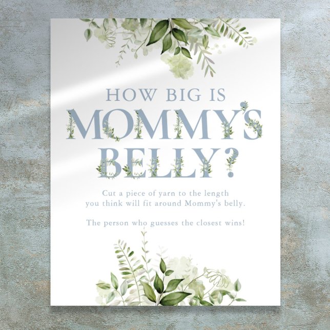 Affiche Le Baby shower bleu ventre de maman (How Big Is Mommy's Belly Blue Baby Shower Poster)