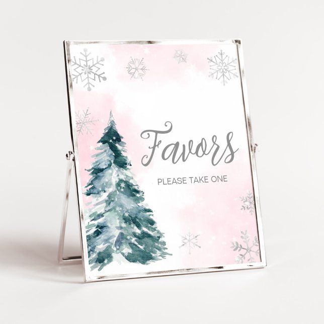 Affiche Le Baby shower D'Hiver Rose Froid À L'Extérieur Pr (Pink Silver Pine Tree Baby Shower Favors Sign)