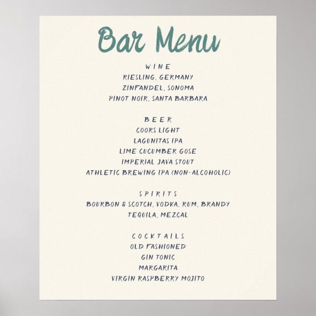 Affiche Le Bar Quirky Handwriting Menu Mariage Boissons (Devant)