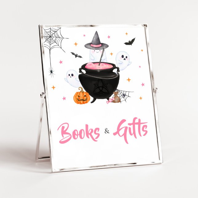 Affiche Le bébé d'Halloween rose brasse des livres et des  (Baby is Brewing Baby Shower Books and Gifts Sign)