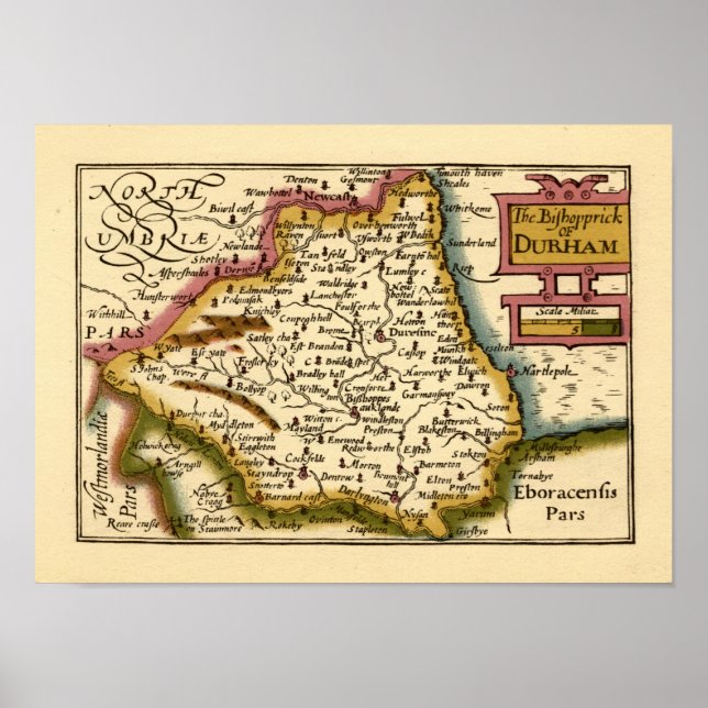 Affiche Le Bishopprick de Durham County Map, Angleterre (Devant)