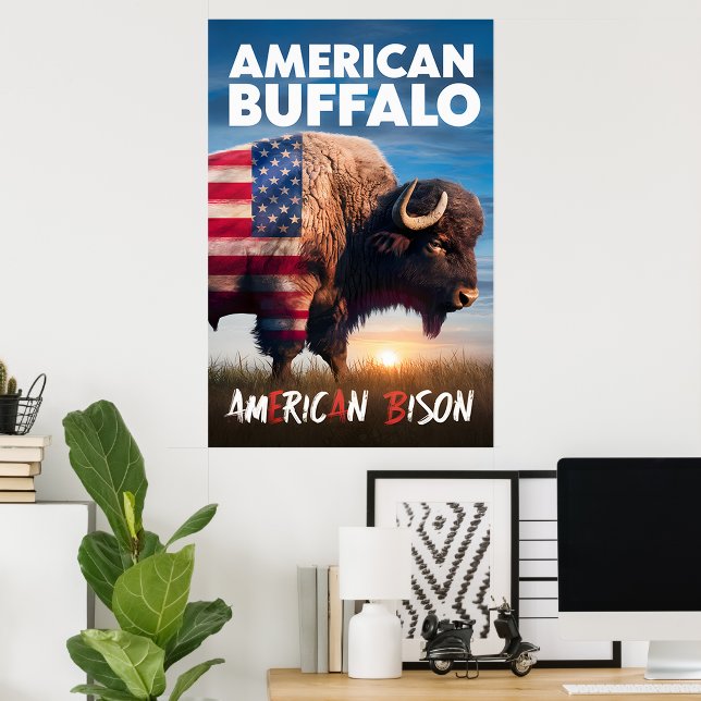 Affiche Le bison américain se tient dans un champ (Bureau à domicile)