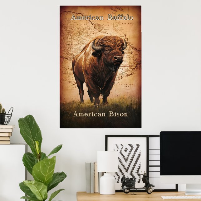 Affiche Le bison américain sur la carte (Bureau à domicile)