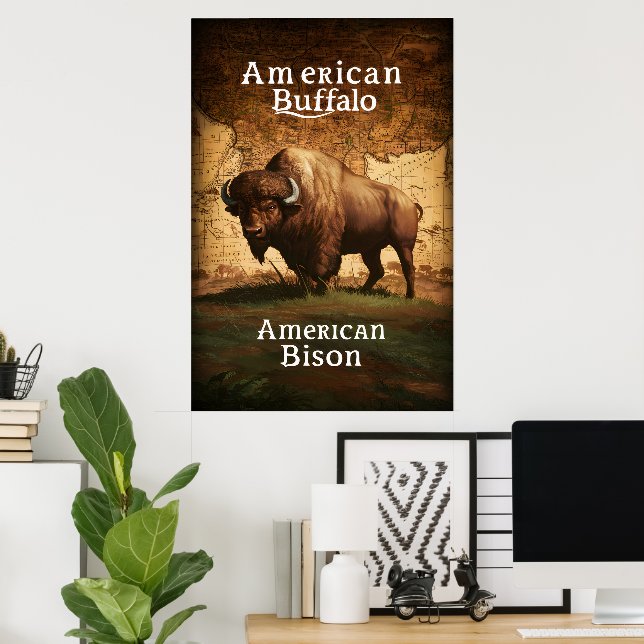 Affiche Le bison américain sur une carte (Bureau à domicile)