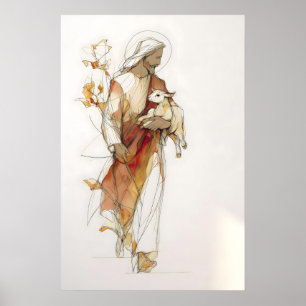 Affiche Le Bon Berger Jésus Avec Agneau Ligne Minimaliste