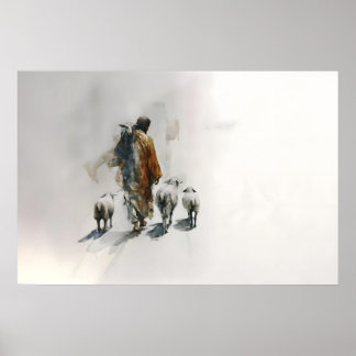 Affiche Le Bon Berger Paysage Jésus Avec Moutons