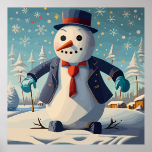 Affiche Le bonhomme de neige en costume et cravate à Noël