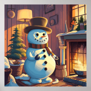 Affiche Le bonhomme de neige près du sapin de Noël