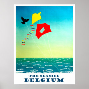 Affiche Le bord de mer de Belgique, cerfs-volants, vintage