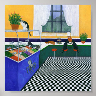 Affiche Le Cat Cafe. Art Chat Carré coloré