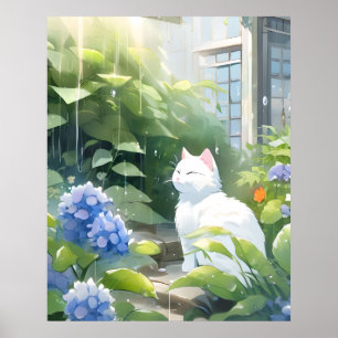 Affiche Le chat blanc sous la pluie