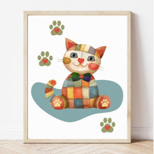 Affiche Le chat heureux patchwork coloré personnalisé