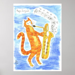 Affiche Le chat joue le saxophone "pas de géant" de