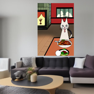 Affiche Le chat mange de la viande mystérieuse   AI Art Po