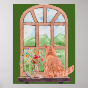 Affiche Le chat Tabby à la fenêtre Fleurs Serenies Pittore