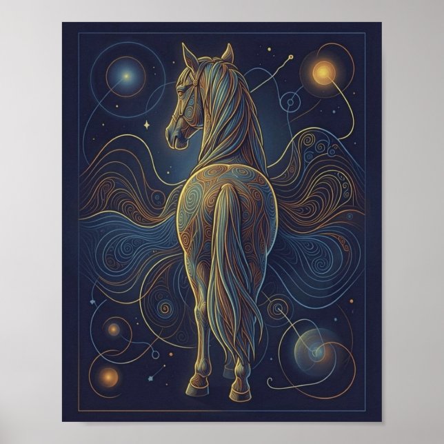 Affiche Le cheval fractal bleu - regardant vers l'avant (Devant)