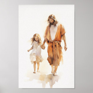 Affiche Le Christ avec la fille aquarelle Art Imprimer
