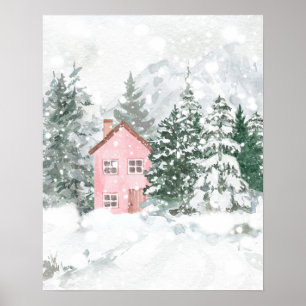 Affiche Le cottage rose dans la forêt de neige