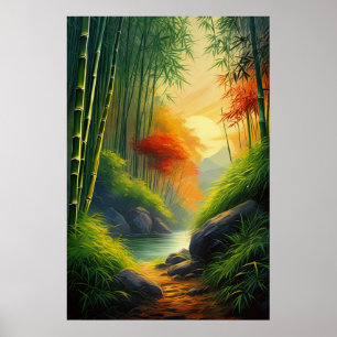 Affiche Le coucher de soleil doré baigne la forêt de Bambo