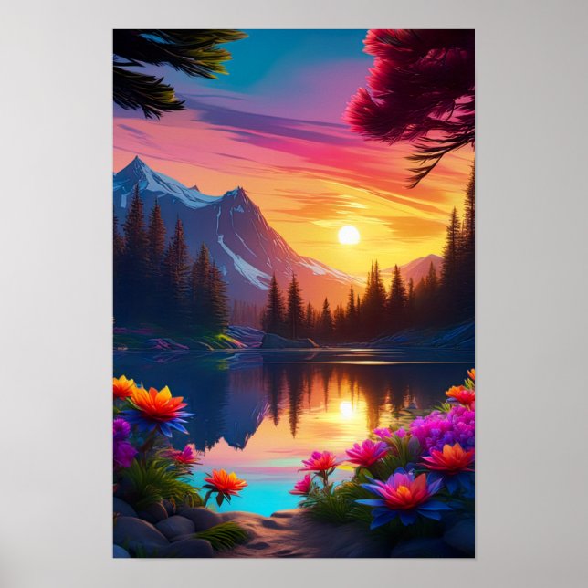Affiche Le coucher du soleil et la beauté du lac (Devant)