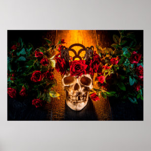 Affiche Le crâne humain sur la table noire se trouve dans 