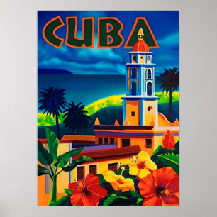 Affiche Le Cuba, île tropicale, tour de ville, cru, voyage