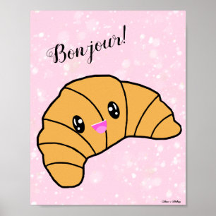 Affiche Le Cute Croissant Bonjour Paris Bakery Café Pink