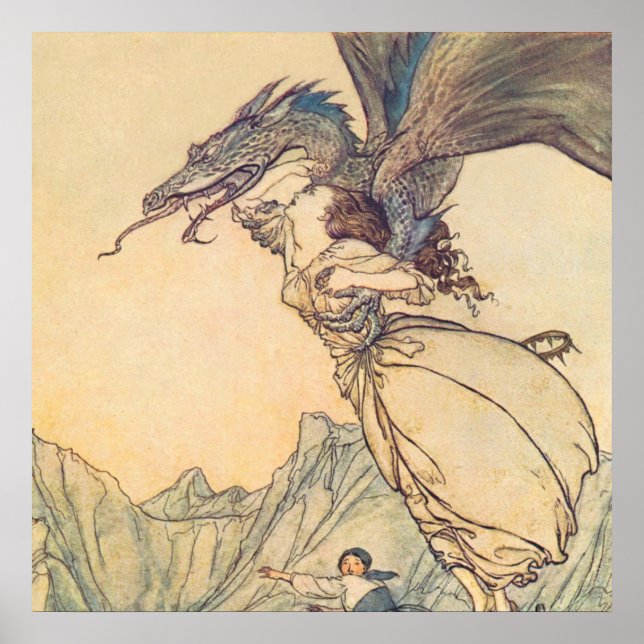 Affiche "Le dragon pris la reine" par Arthur Rackham (Devant)