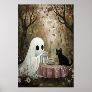 Affiche Le Fantôme Et Le Chat Noir Boivent Du Thé En Autom