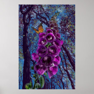 Affiche Le foxglove avec papillon dans la peinture des boi