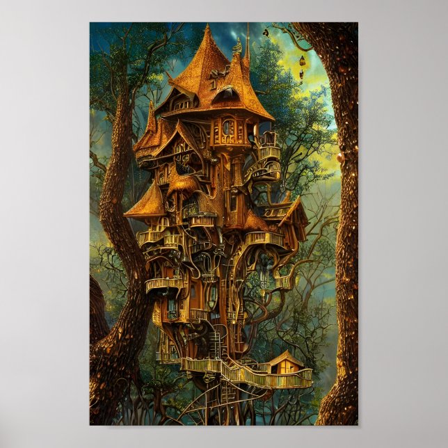 Affiche Le Golden Treehouse | ART NUMÉRIQUE IMAGINAIRE (Devant)