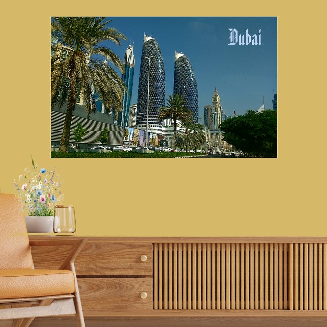 Affiche Le gratte-ciel de Dubaï (Dubai's Skyscraper Palm Tree Greenery Poster)
