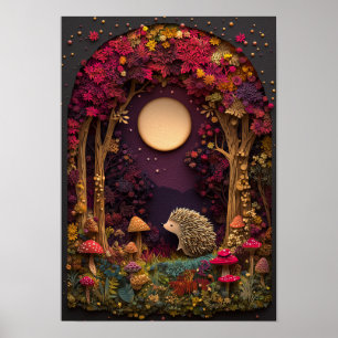 Affiche Le hérisson Art Découpe de la forêt nocturne d'a