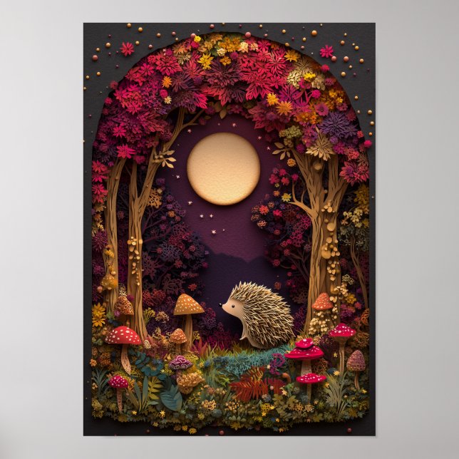 Affiche Le hérisson | Art Découpe de la forêt nocturne d'a (Devant)