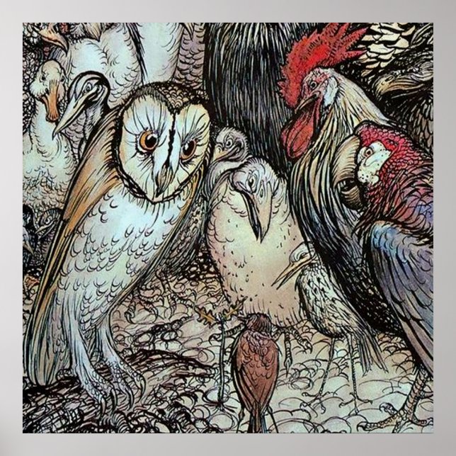 Affiche "Le hibou et les oiseaux" par Arthur Rackham (Devant)