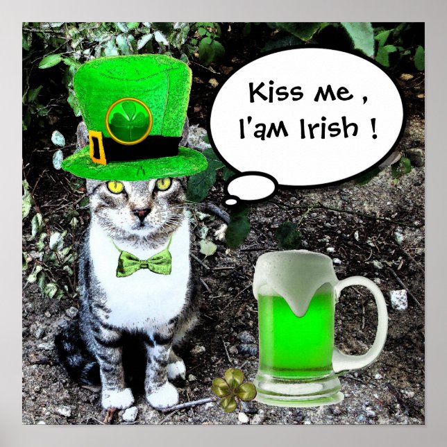 AFFICHE LE JOUR DE SAINT PATRICK CAT WITH GREEN IRISH (Devant)