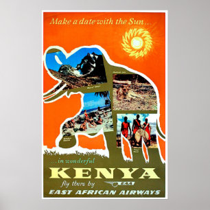 Affiche Le Kenya, Afrique, font une date avec un soleil,